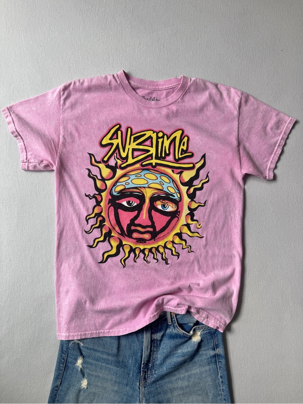Sublime Pink Sun Graphic Band Tee Y2K Style Cotton T-Shirt